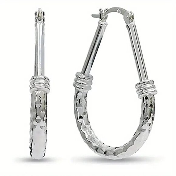 925 Sterling Silver Drop Hoop Earrings - Picture 5 of 8